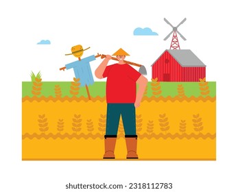 Near The Farm Yard, A Framer is Planting in The Field, The Wheat Tree is Growing Well