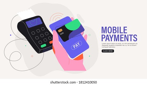 Near field communication or online payment with smartphone or mobile pay concept. NFC banner, flyer, trendy ui or web illustration, landing page design template. Credit card or contactless payment . 