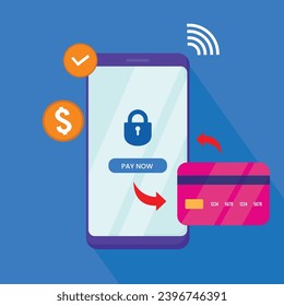 Near field communication or online payment with smartphone or mobile pay concept. NFC banner, flyer, trendy ui or web illustration, flat illustration