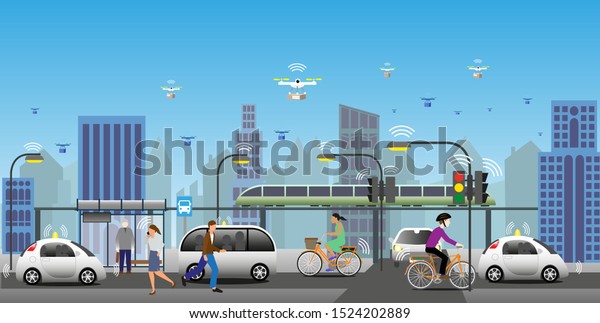 Near future view of renewable electrified city
transports. Driverless vehicles and drones for light deliveries.
Everything connected using IoT enabling optimization of resources.
Vector Illustration. 