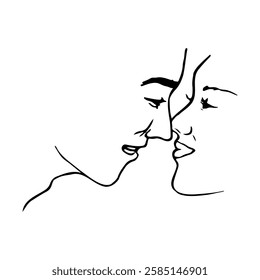 near kiss man and woman profile faces - line art