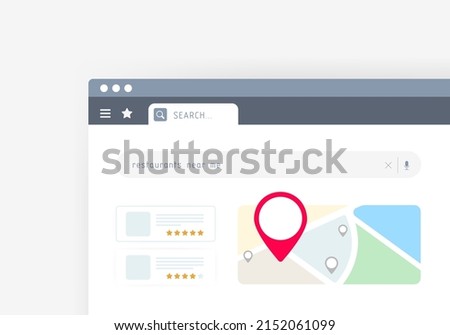 Near Me Search - local search seo marketing strategy based on regional consumer searches for services or product nearby. Browser with search result, map of nearby places with descriptions and ratings