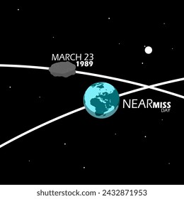 Near Miss Day event banner. Illustration of the earth with an asteroid nearly hitting, with bold text on black background to commemorate on March 23