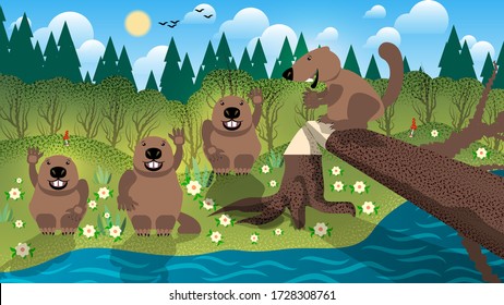 near the river, cartoon beavers wave their hands in greeting against the background of hills, grass, flowers, trees, coniferous forest and the sky with the sun, clouds and silhouettes of flying birds.