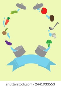 Near round frame made of two pots, some vegetables, lids, ladle, water bubbles. In the bottom of frame - blue ribbon. Good for advertisements, sales, contests, posters. Vector illustration.