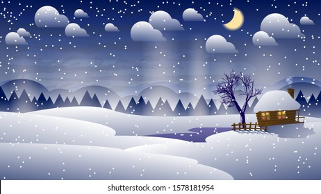 near the tree there is a lonely wooden house with a fence, a smoking chimney and light in the windows under falling snowflakes against the background of the forest and night sky with the moon and clou