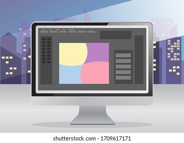 Сomputer near the window with graphic and designer soft
