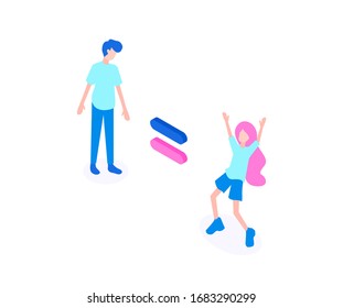Nearby are a man and a woman, between them an equal sign. A woman rejoices in gender equality. Vector isometric illustration with a white background.