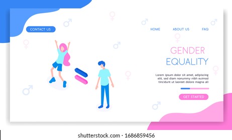 Nearby are a man and a woman, between them an equal sign. A woman rejoices in gender equality. Vector isometric illustration with a white background and elements of web site and web design. 