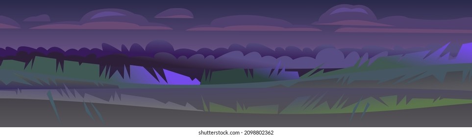 Nearby meadow. Night rural landscape. View of farm garden fields and hills. Flat style cartoon design. Beautiful dark suburban scene. Vector.