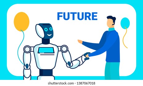 Nearest Future Vision Vector Banner Template. Robots in Human Life Typography. Cartoon Man Greeting Cyborg. Cheerful Humanoid Handshaking with Boy Hand Drawn Characters. Robotic Party