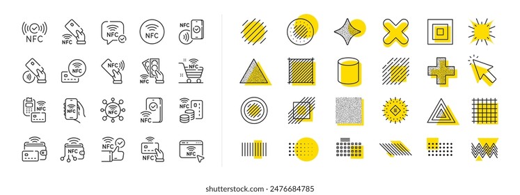 Nahfeldkommunikation, kontaktlose Karte, Smartphone-Bezahlset. Design Form Elemente. Symbole für NFC-Zeilen. Handyzahlung, NFC-Technologie und Pos-Terminalsymbole. Vektorgrafik