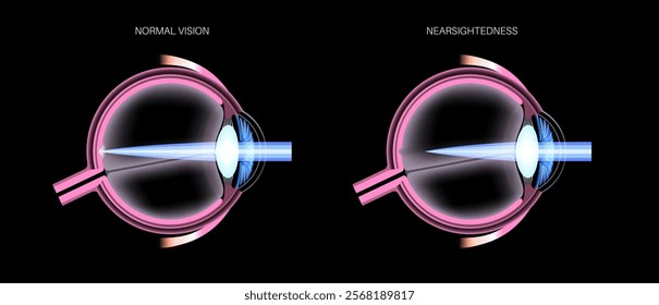 Nearsightedness eye disease anatomical poster. Myopia or short sightedness refractive error, problem of blurred vision. Anatomy of human eye infographic, lens and retina medical vector illustration