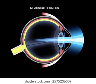 Nearsightedness eye disease anatomical poster. Myopia or short sightedness refractive error, problem of blurred vision. Anatomy of human eye infographic, lens and retina medical vector illustration