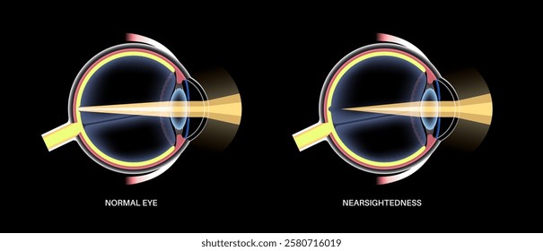 Nearsightedness eye disease anatomical poster. Myopia or short sightedness refractive error, problem of blurred vision. Anatomy of human eye infographic, lens and retina medical vector illustration