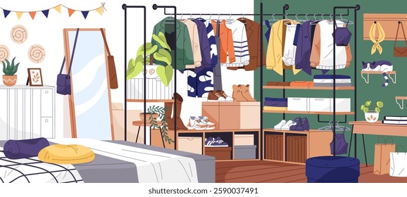 Neat bedroom with accurately hanging clothes on hanger rack. Tidy apartment after cleaning with houseplants, closet. Room interior with order, things, wardrobe organization. Flat vector illustration