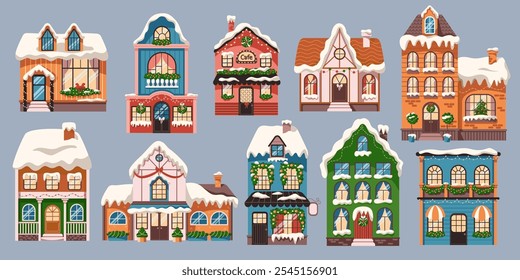 Neat buildings with snowy roofs on Christmas flat color vector objects set. New year festive houses illustrations bundle on grey background