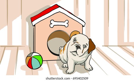 Neat bulldog with a ball and a booth color vector sketch, drawing