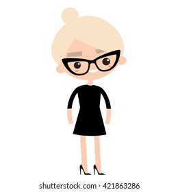 Neat Business Lady Wearing Elegant Glasses, Black Dress And High Heels / Editable Vector Cartoon
