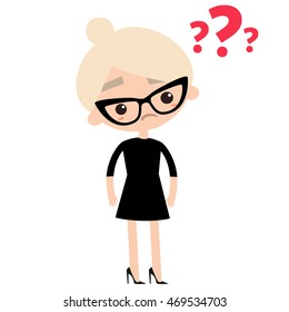 neat business lady wearing elegant glasses, black dress and high heels / editable vector cartoon