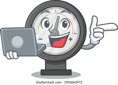 A neat cartoon character of pressure gauge l working at home during pandemic