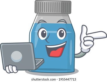 A neat cartoon character of syrup medicine l working at home during pandemic. Vector illustration