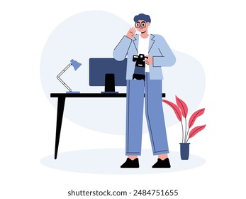 Neat and clean photographer's workspace, vector illustration.