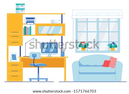 Neat and Clean Working Area in Apartment Room. Flat Office Flat Interior. Desk with Computer, Shelves and Stationary. Ergonomic Chair. Cozy Soft Sofa. Flowerpot on Window. Vector Cartoon Illustration