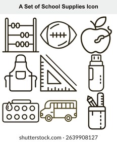 A neat compilation of outlined icons representing school supplies. Visible are an abacus, football, apple, apron, triangle ruler, paint palette, school bus, and desk organizer.