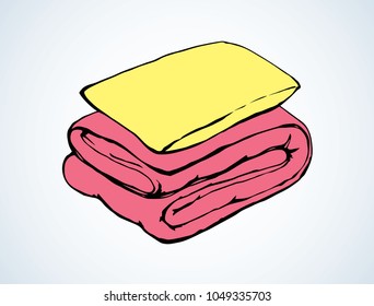 Neat cozy snug thick feather divan red velvet throw roll and yellow chock on white bedroom backdrop. Bright pink color hand drawn comfy logo sketchy in retro doodle graphic style and space for text