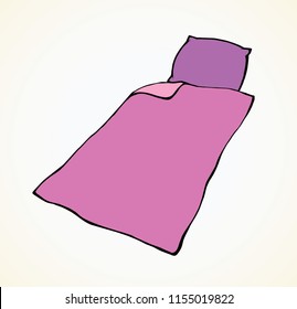 Neat cozy snug thick feather divan purplt velvet throw roll and violet chock on white bedroom backdrop. Bright pink color hand drawn comfy logo sketchy in retro doodle graphic style and space for text