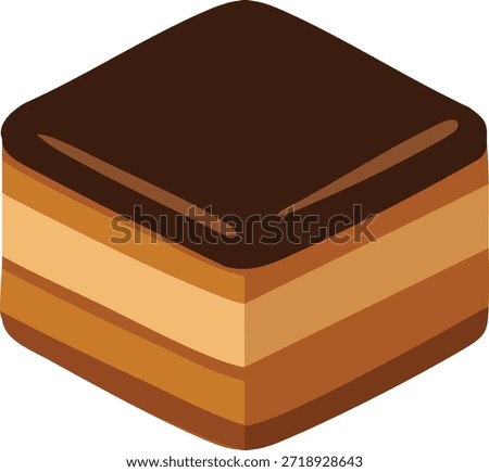 A neat cube of layered sponge and cream with a dark chocolate top.