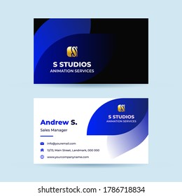 Neat Elegant Professional Doble Tarjeta de Negocio para estudio de animación con íconos del hogar, correo electrónico y sitio web. Ideal para la identidad corporativa del equipo de marketing.