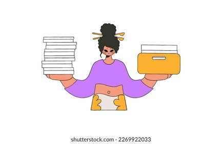 A neat girl holds a stack of documents in her hands.