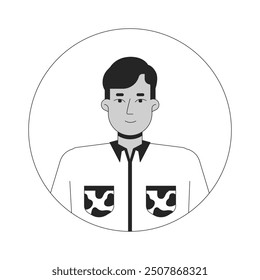 Neat indian man wearing shirt black and white 2D vector avatar illustration. South asian male young adult outline cartoon character face isolated. Corporate casual flat user profile image portrait