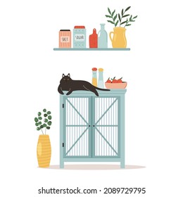 Neat Kitchen With Wooden Cupboard, Cat On It And Well Organised Utensils. Vector Illustration In A Modern Flat Style.