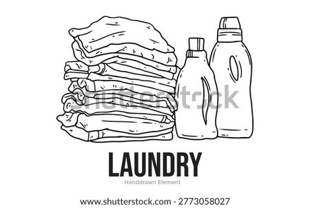 Neat laundry with piles of clothes and detergent