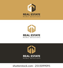 A neat luxurious modern minimalist logo for real estate agency is shown in a golden and black background