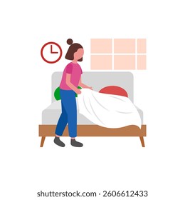 Neat Morning Bed Making Vector Illustration