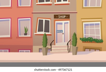 Neat old town street with a shop vector. City street background.