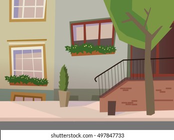 Neat Old Town Street Vector. City Street Background.

