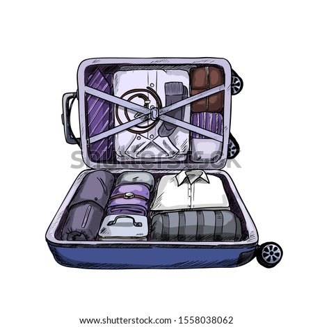 Neat opened business suitcase, ready to journey, full with clothes and accessoires. Hand drawn vector illustration.