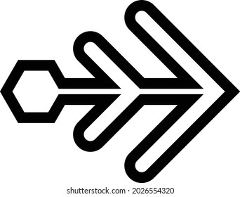 with a neat out line arrow head and a hexagon tail.  two triangular lines with a regular triangle on the far side.  