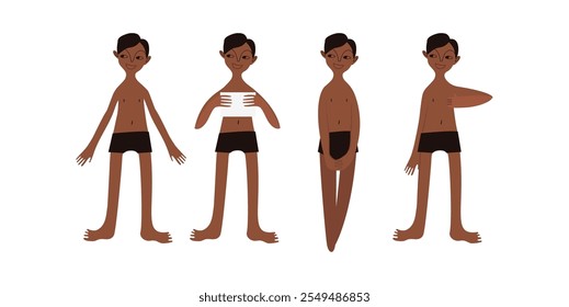 Um garoto pré-adolescente legal. Criança hispânica em baús de banho na praia. Quatro poses: de pé calmamente e relaxado, segurando um papel. Depressa. Caractere. Ilustração vetorial em estilo cartoon.