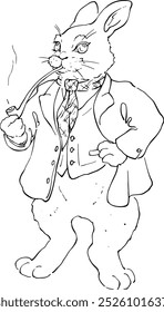 Neat rabbit smoking a pipe in a brown jacket and green vest. Character, adult rabbit for use in games, printing on T-shirts, stickers. The image of a rich gentleman of old England. Vector graphics.