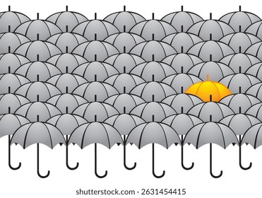 neat row of grey umbrellas with 1 umbrella of a different color