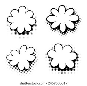A neat set of classic black and white comic bubbles with halftone backgrounds, ready to be filled with engaging dialogue or thoughts.