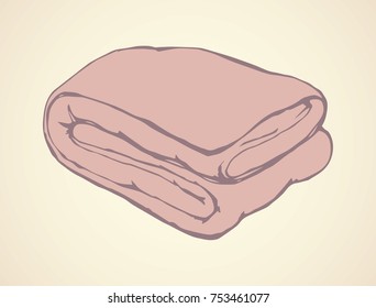 Neat snug thick clean divan velvet throw on light beige bedroom backdrop. Tender pink color ink hand drawn logo sketchy in art retro scribble graphic style. Closeup view with space for text