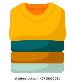 A neat stack of folded clothing items, including a yellow sweater and two other garments in teal and orange, ready for organization.