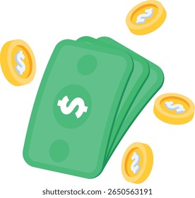 Uma pilha elegante de notas de dólar verde com moedas, proeminentemente apresentando um sinal de dólar. Esta ilustração atraente é perfeita para transmitir temas de finanças, riqueza, negócios, transações, pagamentos,